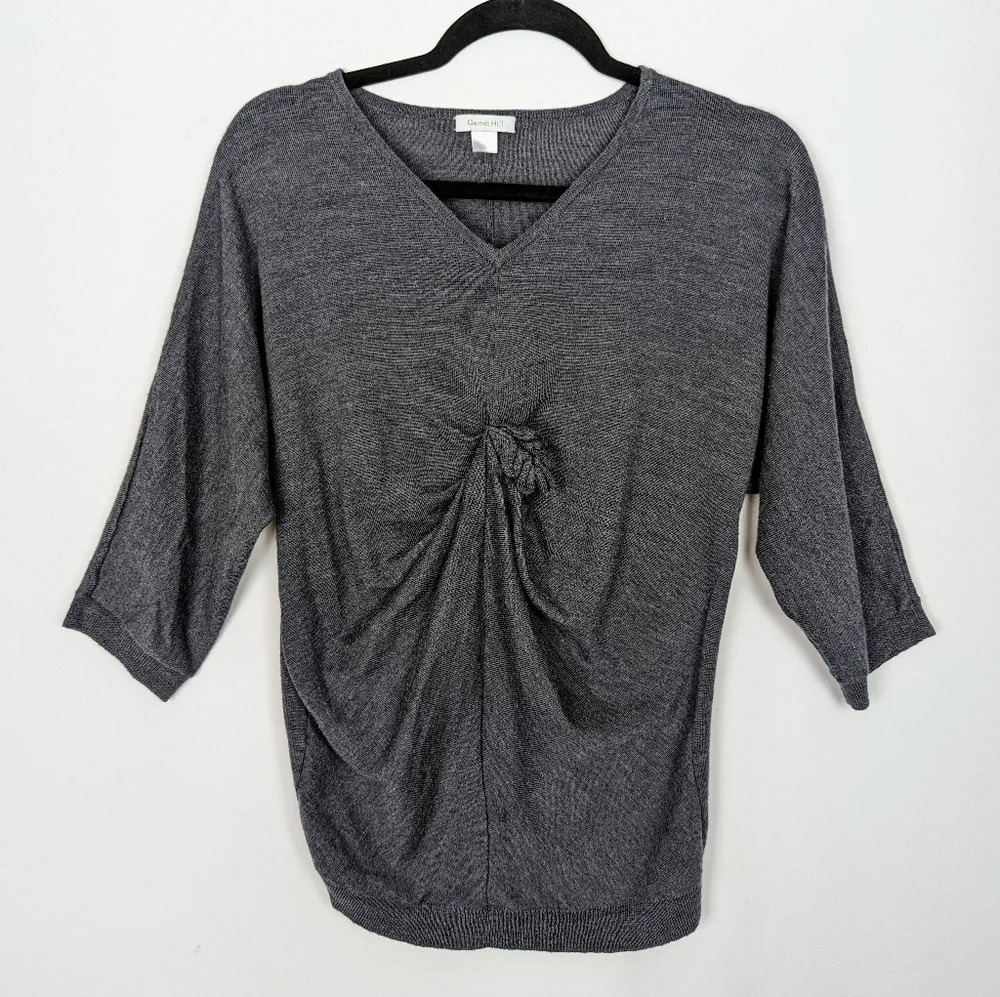 GARNET HILL sz.M Gray Merino Wool Sweater  Gathered Front Detail Twisted Knotted